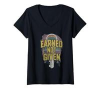 Donna Earned Not Given Motivational Sport Quote Simbolo Chiave Maglietta con Collo a V