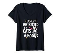 Donna Easily Distracted By Cats And Books Cute Reader Maglietta con Collo a V