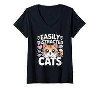 Donna Easily Distracted By Cats Maglietta con Collo a V