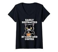 Donna Easily Distracted By Cats Maglietta con Collo a V