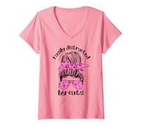 Donna Easily Distracted By Cats Messy Bun Hair Sunglasses Cat Mum Maglietta con Collo a V