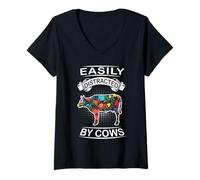 Donna Easily Distracted By Cows Funny Animal Cow Loves Maglietta con Collo a V