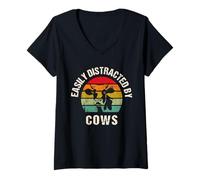 Donna Easily Distracted By Cows Funny Farmer Meme Cow Cattle Lover Maglietta con Collo a V