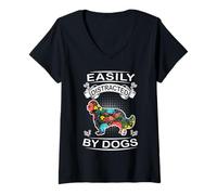 Donna Easily Distracted By Dogs Cavalier Dog Lovers Maglietta con Collo a V
