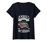 Donna Easily Distracted By Dogs Long Haired Dachshund Dog Love Maglietta con Collo a V