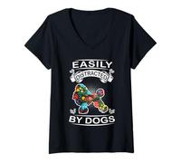 Donna Easily Distracted By Dogs Poodle Funny Dog Lover Maglietta con Collo a V