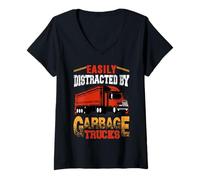 Donna Easily Distracted By Garbage Trucks Fun Truck Driver Trucker Maglietta con Collo a V