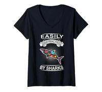 Donna Easily Distracted By Sharks Funny Fish Shark Loves Maglietta con Collo a V
