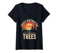 Donna Easily Distracted By Trees - Funny Arborist Vintage for Men Maglietta con Collo a V