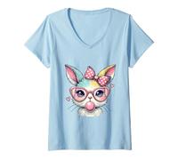 Donna Easter Bunny Face Coquette Bow Estetica Happy Easter Day Maglietta con Collo a V