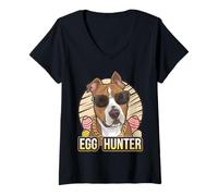 Donna Easter Bunny Pitbull Terrier Egg Hunter, Amante dei Cani Maglietta con Collo a V