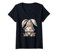 Donna Easter GNOME Rabbit Decor with Spring Flowers for Bunny Mom Maglietta con Collo a V