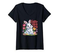 Donna Easter Vibes Only Cute Spring Bunny Eggs - Citazione positiva Maglietta con Collo a V