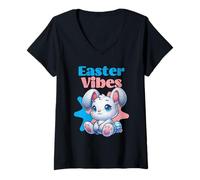 Donna Easter Vibes, Simpatico Coniglietto Pasquale Kawaii, Uovo di Pasqua Maglietta con Collo a V
