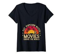 Donna Eat Popcorn Watch Movies Ignore The World Cinefilo - Maglietta con Collo a V
