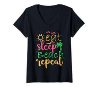 Donna Eat Sleep Beach Repeat - Divertente Design Summer Vibes Maglietta con Collo a V