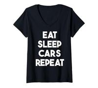 Donna Eat Sleep Cars Repeat - Macchina Divertente Maglietta con Collo a V