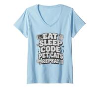 Donna Eat Sleep Code Pet Cats Repeat Funny Programmer Cat Lover Maglietta con Collo a V
