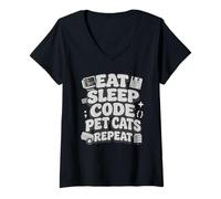Donna Eat Sleep Code Pet Cats Repeat Funny Programmer Cat Lover Maglietta con Collo a V