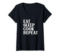 Donna Eat Sleep Cook Repeat, Cucina, Uomini e Donne, Chef, Divertente Maglietta con Collo a V