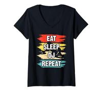 Donna Eat Sleep DJ Repeat Retro Giradischi DJ Maglietta con Collo a V