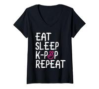 Donna Eat. Sleep. K-Pop. Repeat. Carino Coreano Pop Music T-Shirt Maglietta con Collo a V