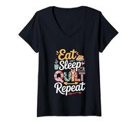 Donna Eat sleep quilt ripetere Maglietta con Collo a V