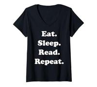 Donna Eat Sleep Read Repeat Book Enthusiast Maglietta con Collo a V