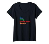 Donna Eat Sleep Ripetizione del Corno Francese - suonatori e Amanti del Corno Francese Maglietta con Collo a V