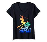 Donna Eat Sleep Ski Repeat, Sci, Uomini Donne Bambini Inverno Sciatore Maglietta con Collo a V