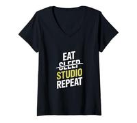Donna Eat Sleep Studio Ripeti Musica Divertente Detto Maglietta con Collo a V