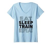 Donna Eat Sleep Train Repeat - Divertente Allenamento in Palestra Maglietta con Collo a V