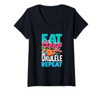 Donna Eat Sleep Ukulele Ripetere Divertente Lettore Musicale Hawaiano Maglietta con Collo a V