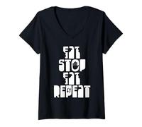 Donna Eat - Stop - Eat - Repeat Maglietta con Collo a V