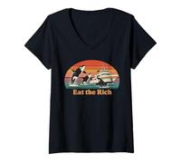 Donna Eat The Rich Orca Tramonto Grafica Divertente Retro Ocean Design Maglietta con Collo a V