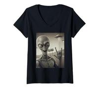 Donna Eccitato Alien Selfie UFO Extraterrestre Area Visitatori 51 Maglietta con Collo a V
