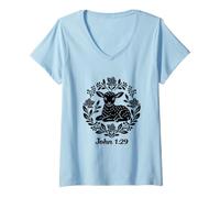 Donna Ecco l'Agnello Giovanni 1:29 Christian Faith Scripture Shirt Maglietta con Collo a V