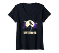 Donna Edgar Allan Poe Nevermore Corvo Cimitero Arte Gotica Maglietta con Collo a V