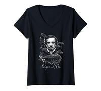 Donna Edgar Allan Poe Raven Ritratto Gotico Amante Libro Arte Maglietta con Collo a V
