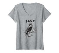 Donna Edgy Raven on Branch F-CAW-F Testo Gotico Corvo Uccello Opera d'Arte Maglietta con Collo a V