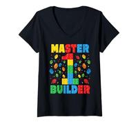 Donna Edificio a Blocchi per Il Primo Compleanno di Master Builder Age Maglietta con Collo a V