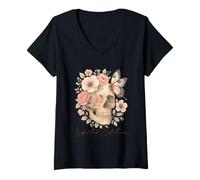 Donna Edizione limitata Skull Floral Butterfly Art Maglietta con Collo a V