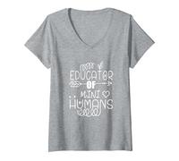 Donna Educatore di Mini Umani Maglietta con Collo a V, Grigio Melange, L