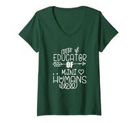 Donna Educatore di Mini Umani Maglietta con Collo a V, Verde Foresta, L