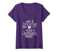 Donna Educatore di Mini Umani Maglietta con Collo a V, Viola, L
