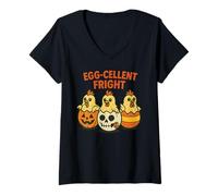 Donna Egg-Cellent Fright Funny Halloween Chickens Design Maglietta con Collo a V