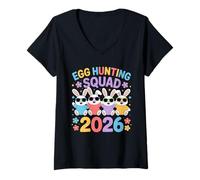 Donna Egg Hunting Squad 2026 Cute Bunny Easter Egg Hunt Team Maglietta con Collo a V