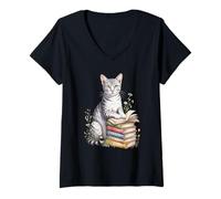 Donna Egyptian Mau Cat Bookworm Flowers Book Reading Books Maglietta con Collo a V