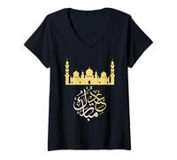 Donna Eid Mubarak Arabo Calligrafia Moschea Silhouette Art Maglietta con Collo a V