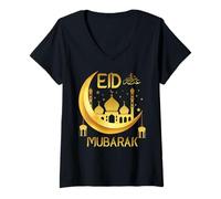 Donna Eid Mubarak Felice Ramadan Islamico per Il Musulmano Eid al Fitr Maglietta con Collo a V